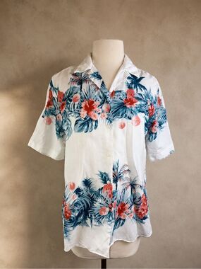 Lacoste Size 38 Tropical Floral Camp Shirt White Pink Blue Resort Button Front B